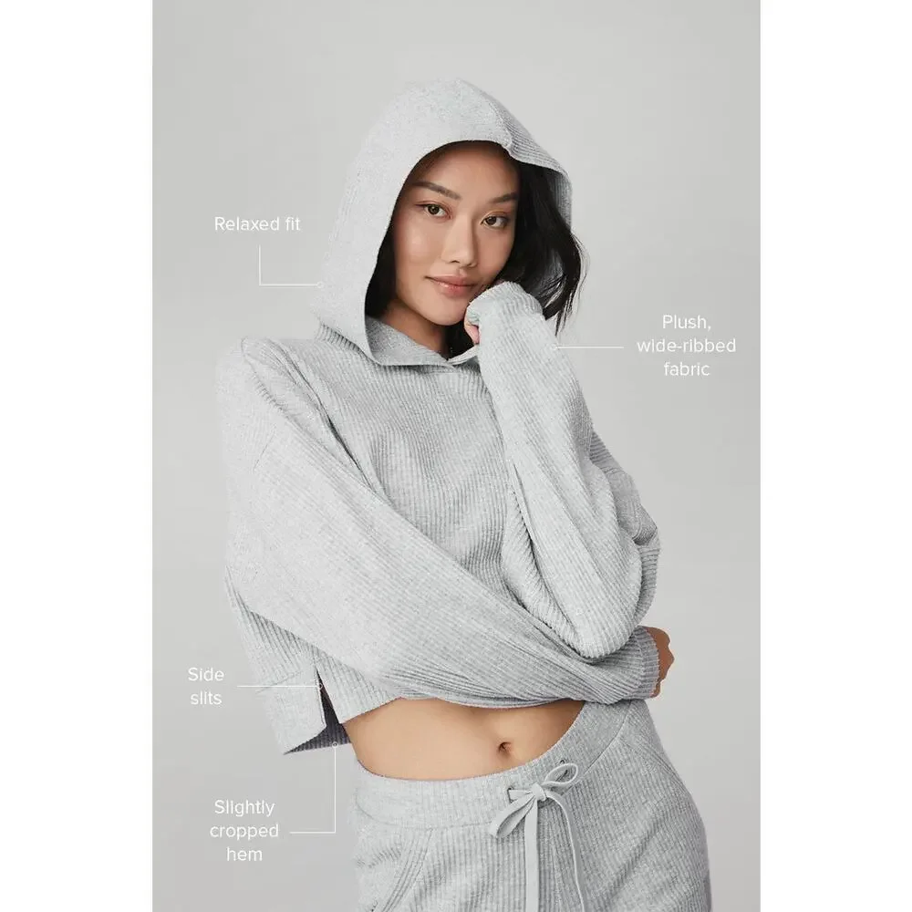 Alo Yoga Muse Hoodie Gray Cropped Ribbed Athleisure Pullover Sweatshirt Gym - Picture 2 of 15